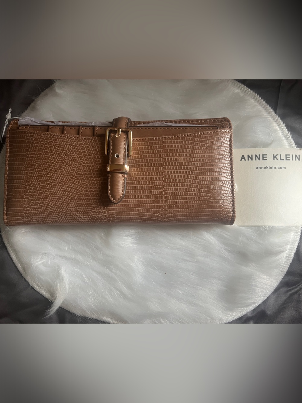 Anne Klein Brown Textured Buckle Wallet with Gold Hardware